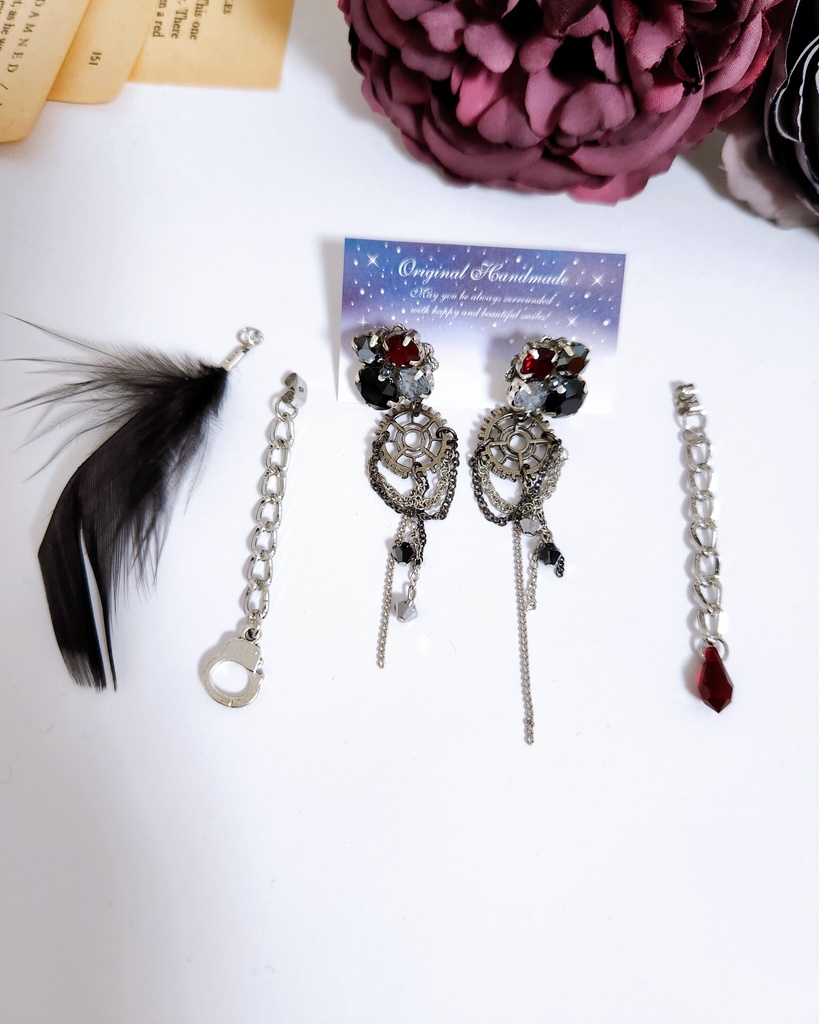 【凛流の監視者】ビジュー&歯車チェーン 3wayピアス