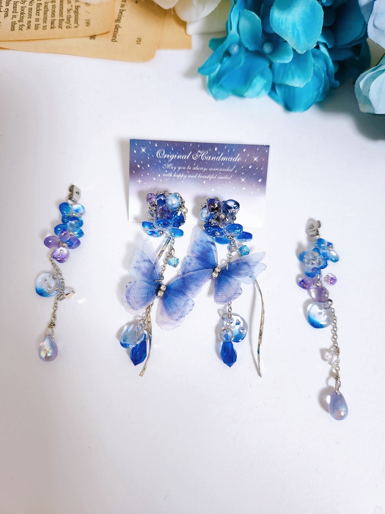 【月雫 -戯れ-】紫陽花&蝶々シフォン ビジュー2wayピアス - ぎゆしの Pierce ver.-