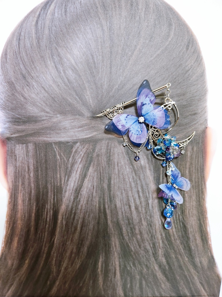 【月雫 -戯れ-】紫陽花&蝶々シフォン ビジューチェーンかんざし  - ぎゆしの 簪 ver. -