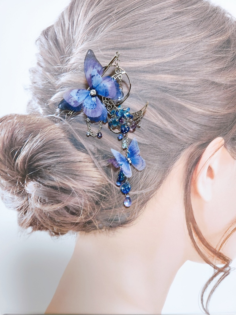 【月雫 -戯れ-】紫陽花&蝶々シフォン ビジューチェーンかんざし  - ぎゆしの 簪 ver. -