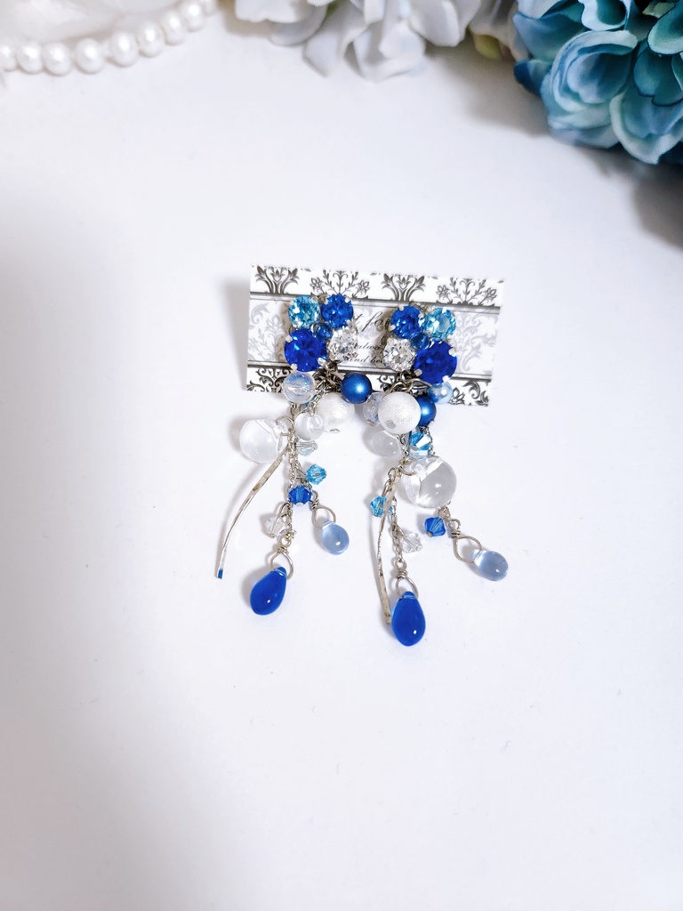 【雫】ビジュー＆鈴丸ビーズ 2wayドロップピアス ‐ Silver ver.‐