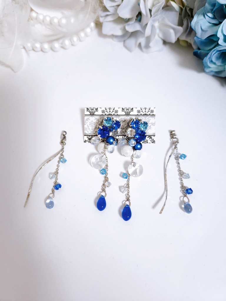 【雫】ビジュー&鈴丸ビーズ 2wayドロップピアス ‐ Silver ver.‐