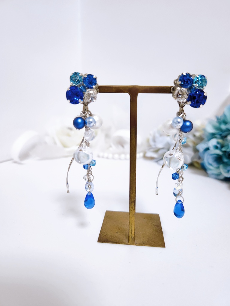 【雫】ビジュー&鈴丸ビーズ 2wayドロップピアス ‐ Silver ver.‐