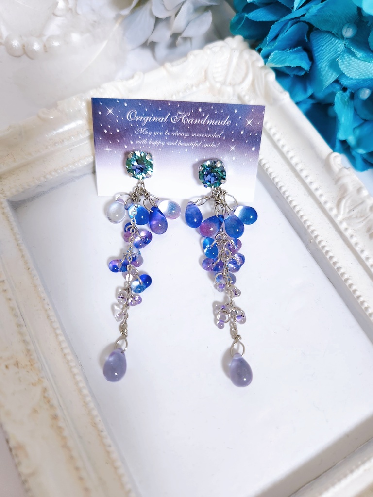 【藤紫】藤の花イメージ チェコドロップ ピアス