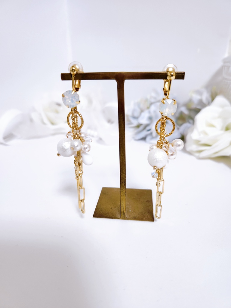 《★再販 リニューアル!》【白鶴 -白雪-】ビジュー&フープ 2wayチェーンピアス -pierce ver.-