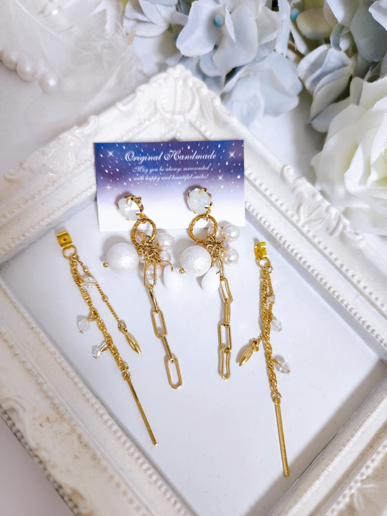 《★再販 リニューアル!》【白鶴 -白雪-】ビジュー&フープ 2wayチェーンピアス -pierce ver.-