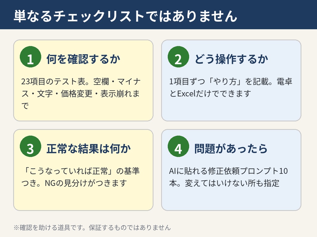 AIで作ったExcelの不具合チェック実践キット|検証23項目・練習ファイル・修正プロンプト10本【初心者向け】