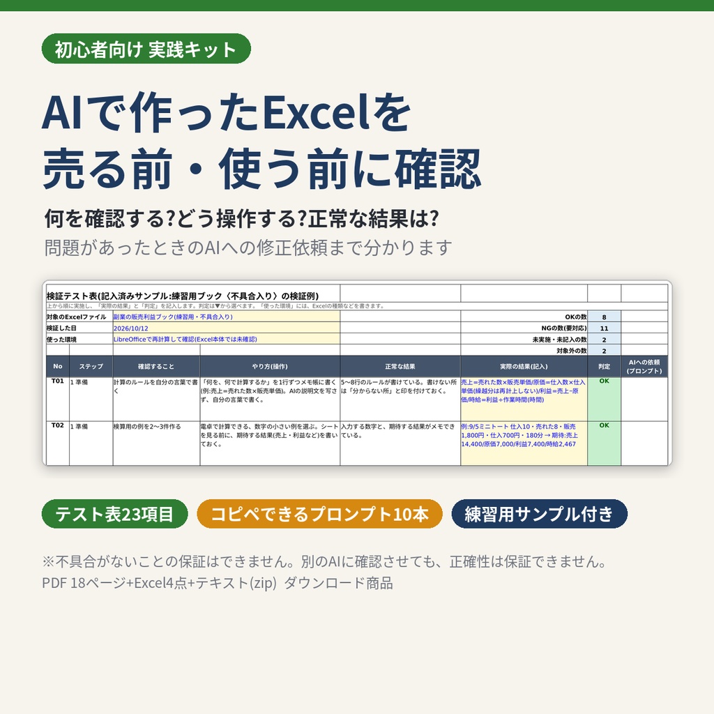 AIで作ったExcelの不具合チェック実践キット｜検証23項目・練習ファイル・修正プロンプト10本【初心者向け】
