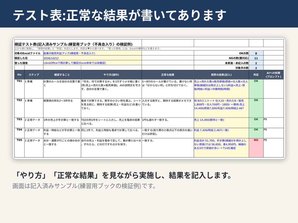 AIで作ったExcelの不具合チェック実践キット|検証23項目・練習ファイル・修正プロンプト10本【初心者向け】