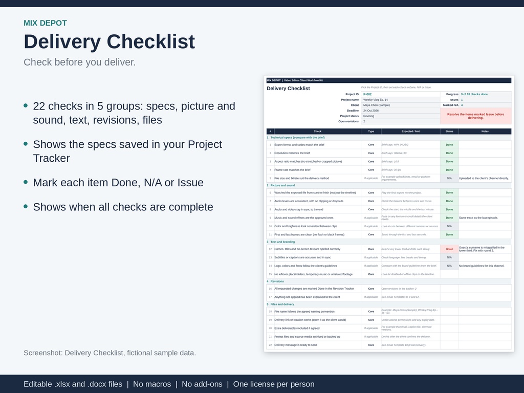 Video Editor Client Workflow Kit | Excel Project & Revision Tracker