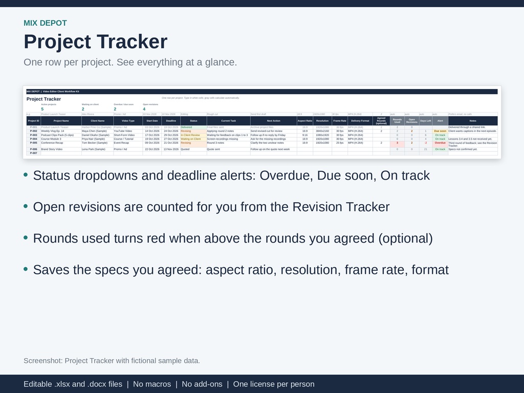 Video Editor Client Workflow Kit | Excel Project & Revision Tracker