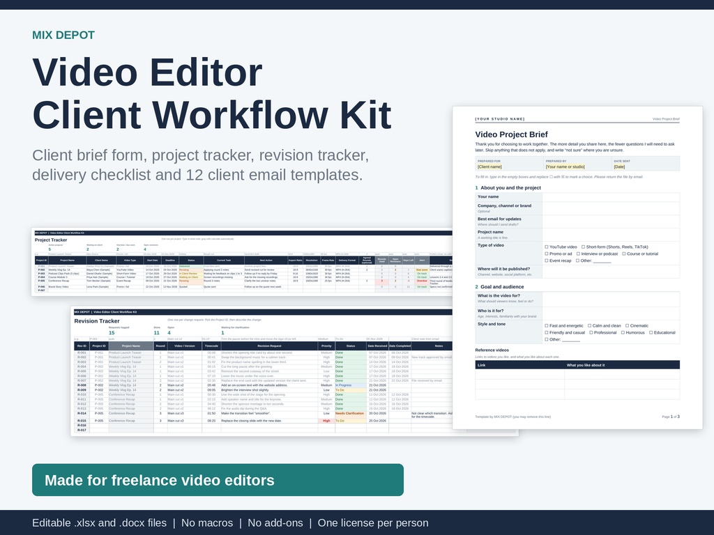 Video Editor Client Workflow Kit | Excel Project & Revision Tracker