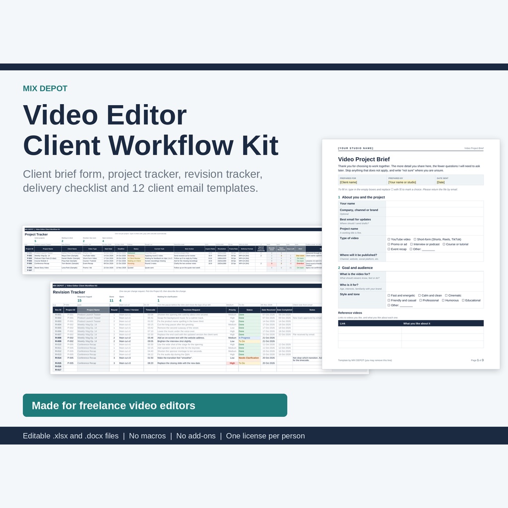 Video Editor Client Workflow Kit | Excel Project & Revision Tracker