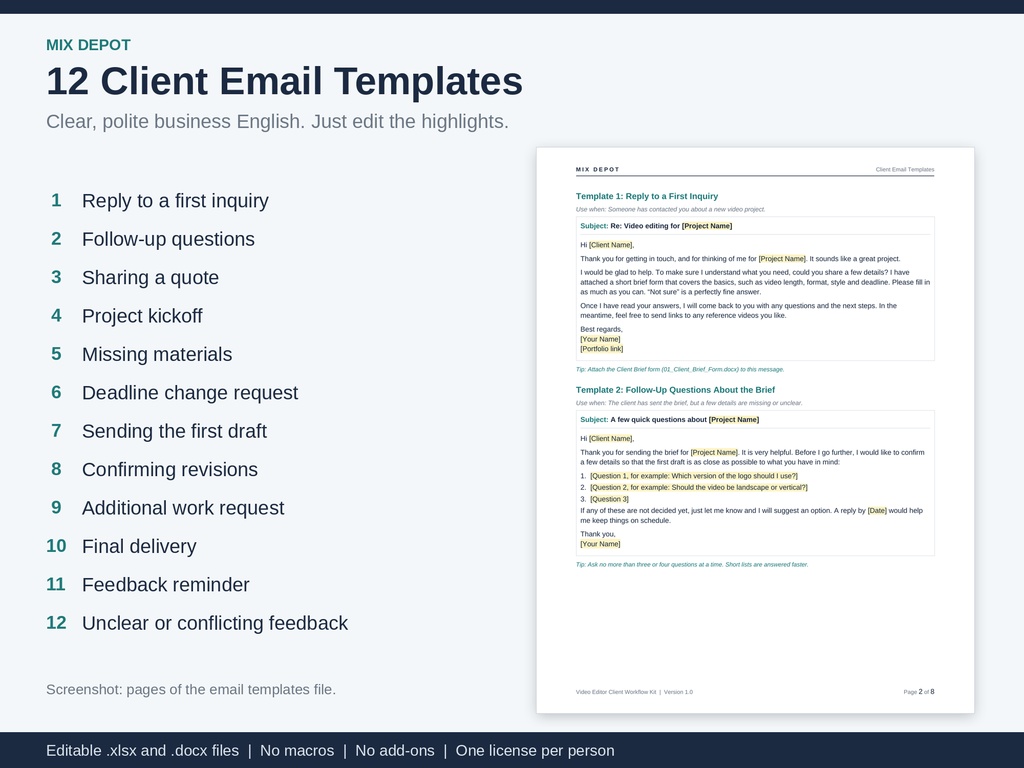 Video Editor Client Workflow Kit | Excel Project & Revision Tracker
