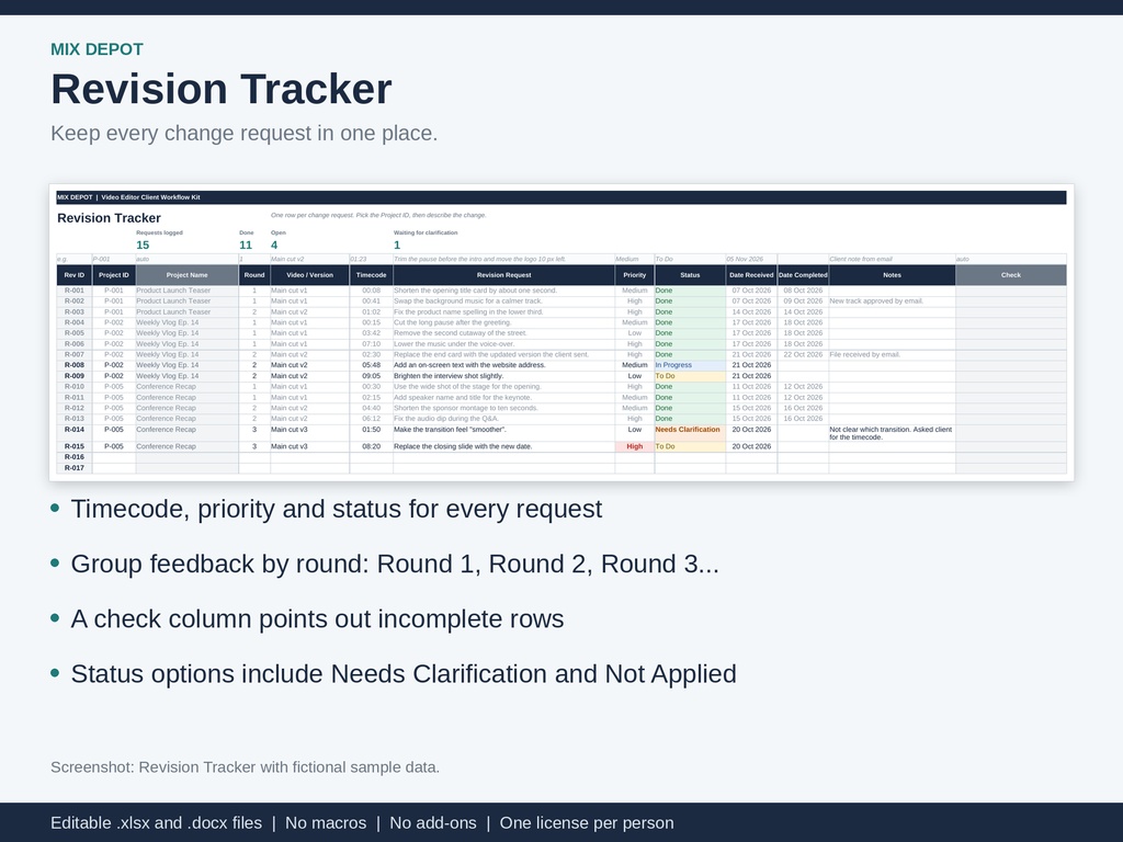 Video Editor Client Workflow Kit | Excel Project & Revision Tracker