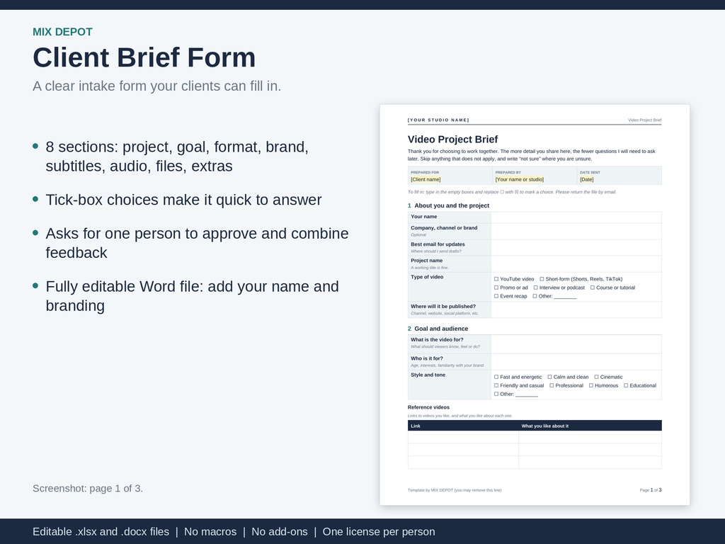 Video Editor Client Workflow Kit | Excel Project & Revision Tracker