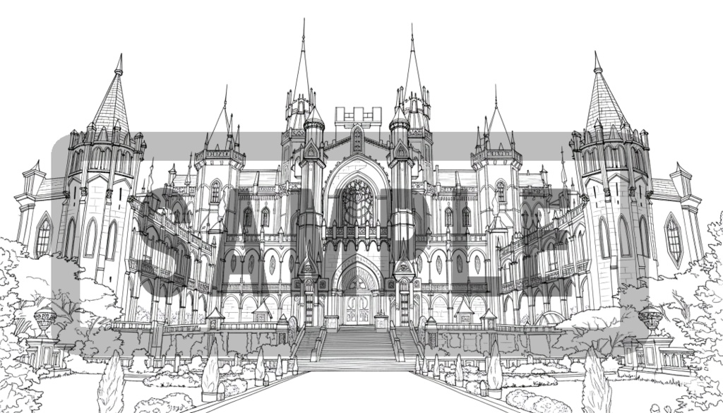魔術学院・城館の背景線画素材