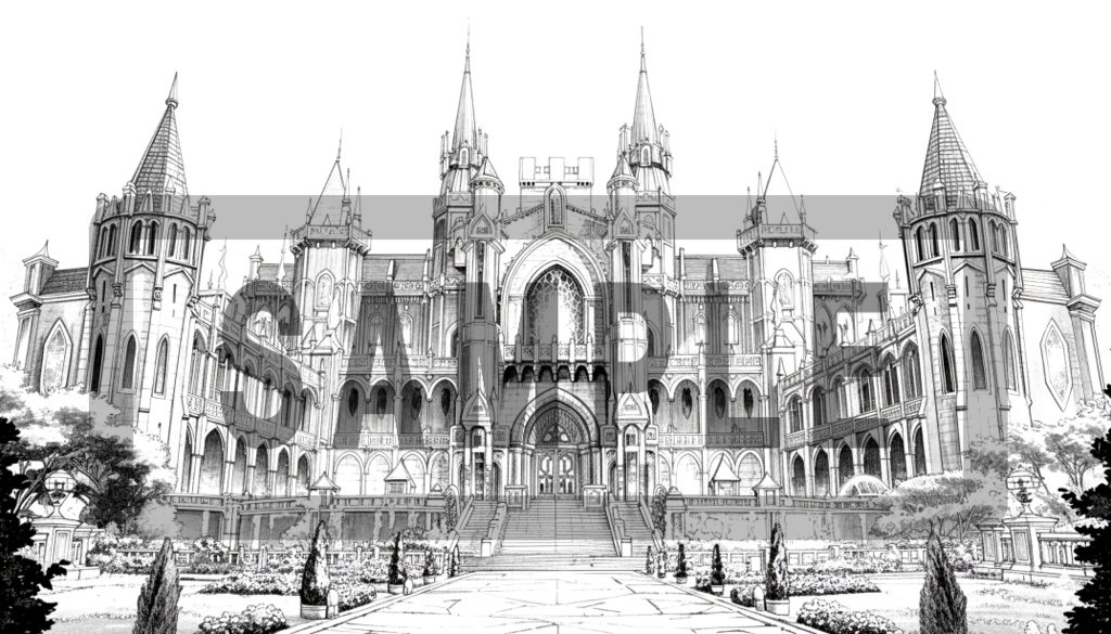 魔術学院・城館の背景線画素材