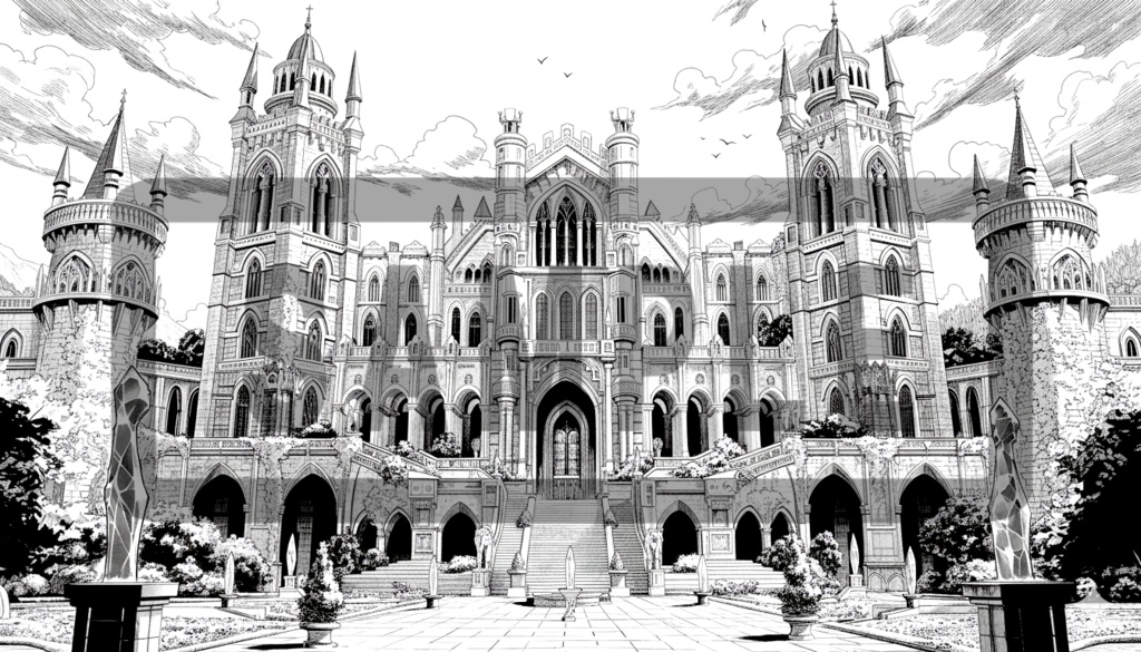 魔術学院・城館の背景線画素材