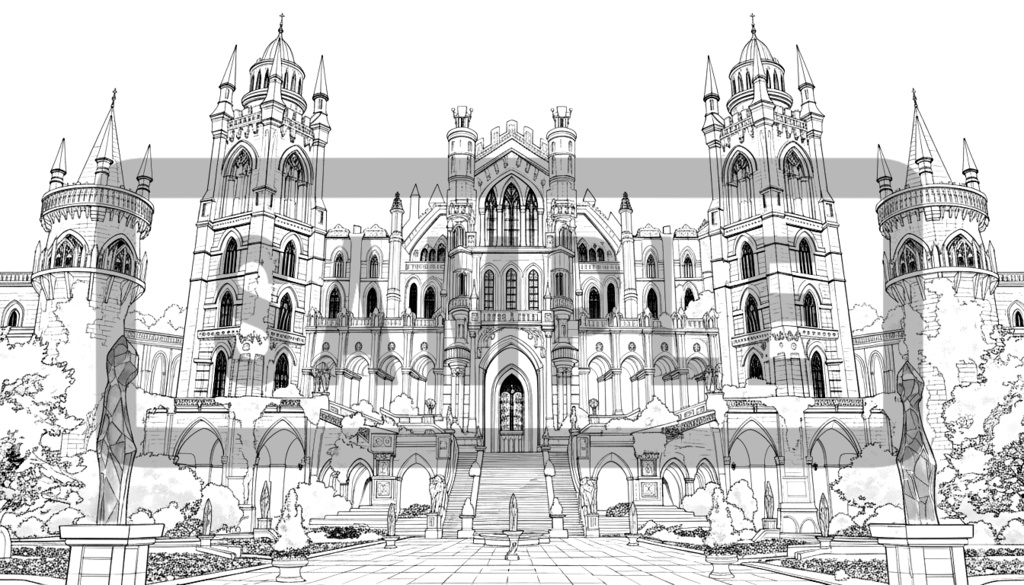 魔術学院・城館の背景線画素材