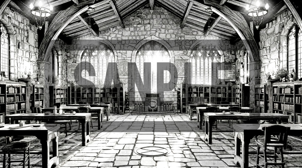 魔術学院の教室・背景素材(線画 / トーン / 濃淡違い 5枚セット)