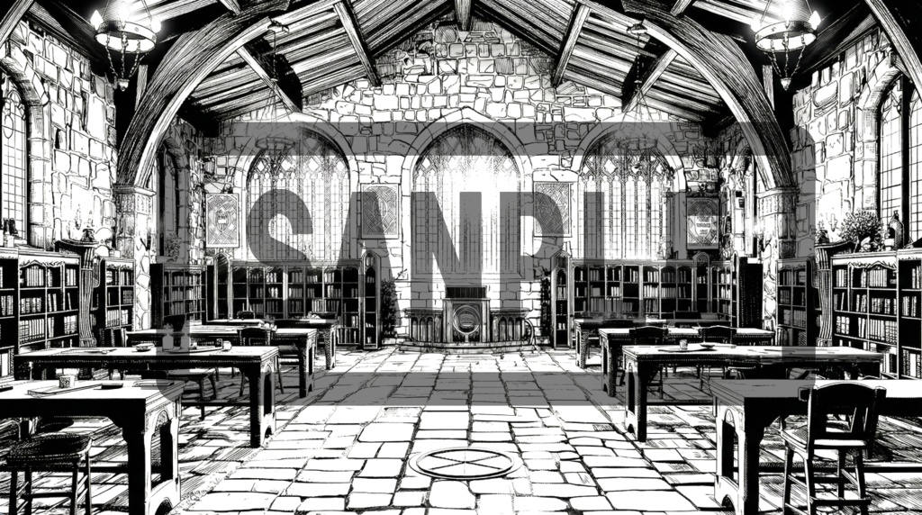 魔術学院の教室・背景素材(線画 / トーン / 濃淡違い 5枚セット)