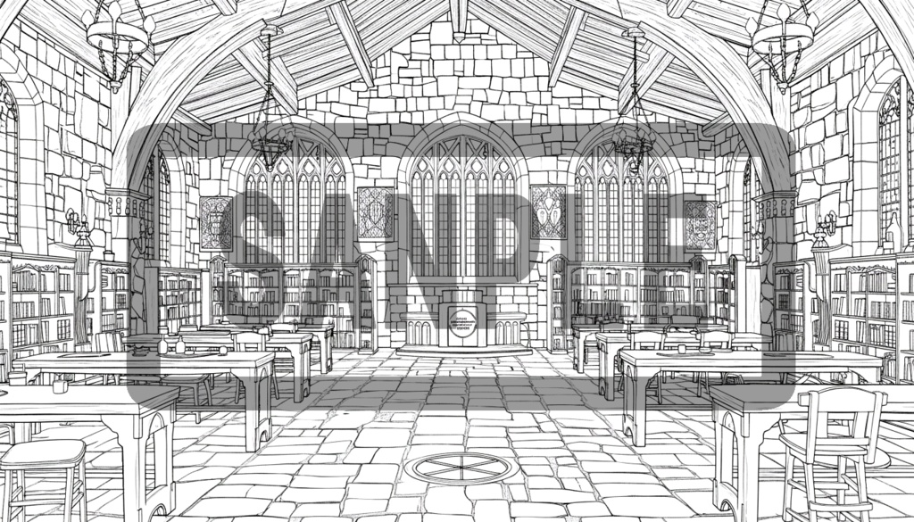 魔術学院の教室・背景素材(線画 / トーン / 濃淡違い 5枚セット)