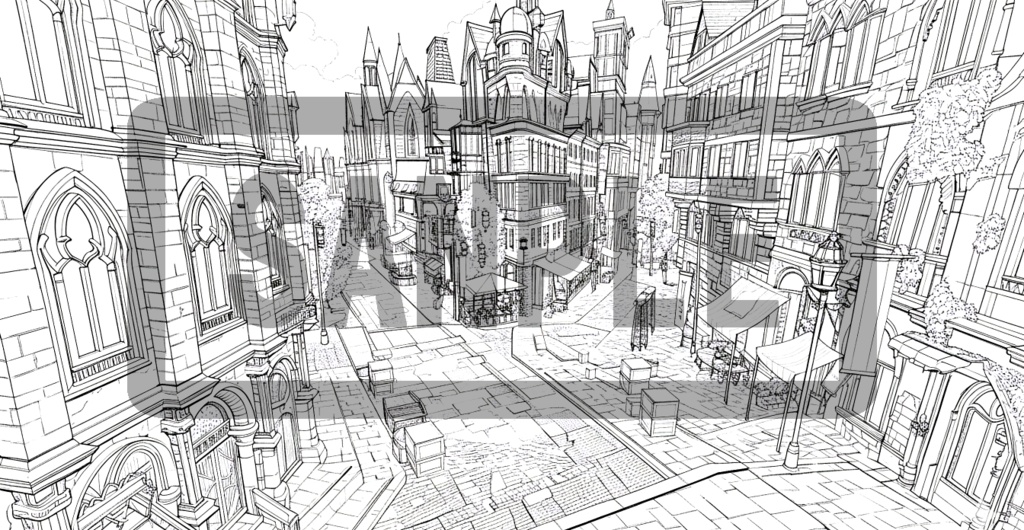 異世界街並み・背景線画