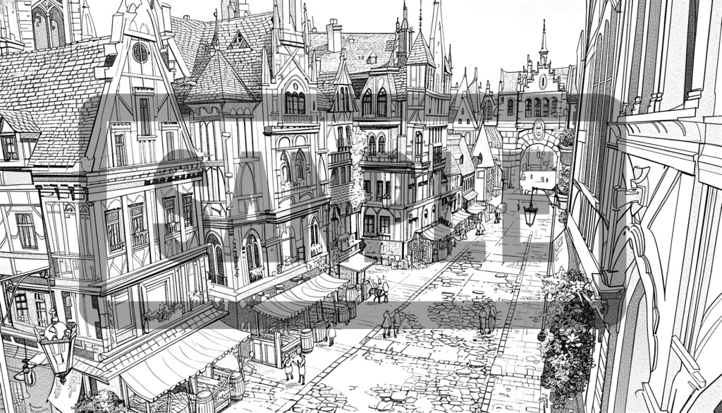 異世界街並み・背景線画 ver3