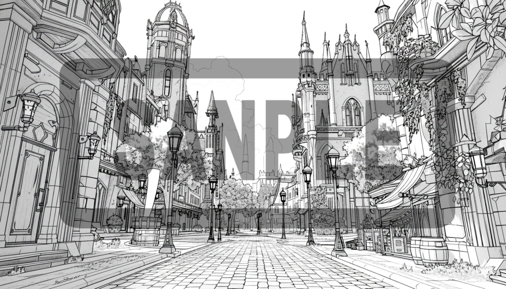 異世界街並み 背景線画(街道・中世風・漫画用)ver4