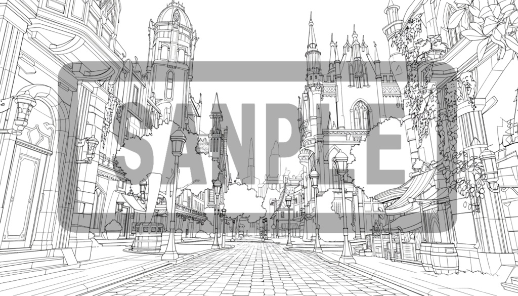 異世界街並み 背景線画(街道・中世風・漫画用)ver4