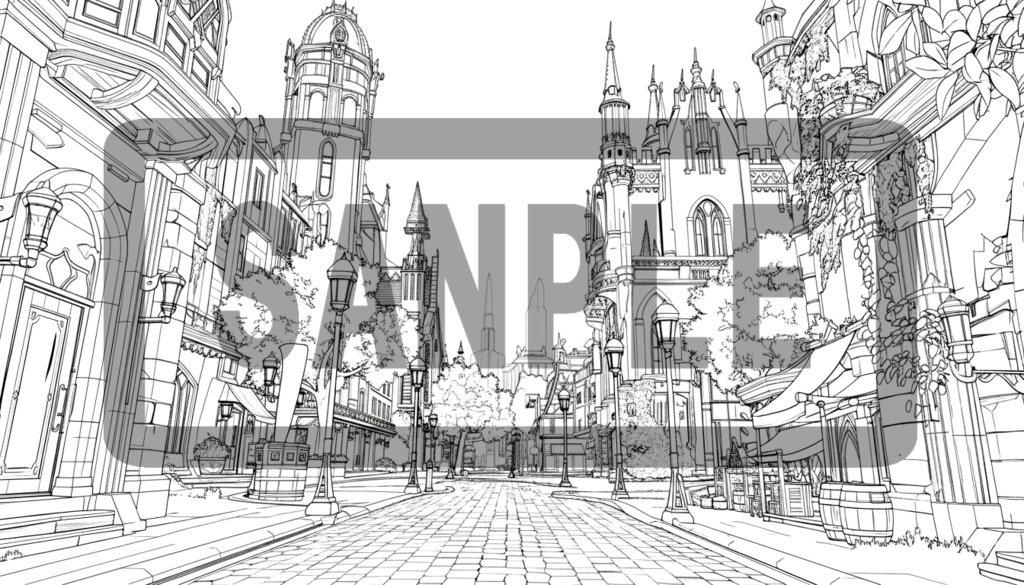 異世界街並み 背景線画(街道・中世風・漫画用)ver4