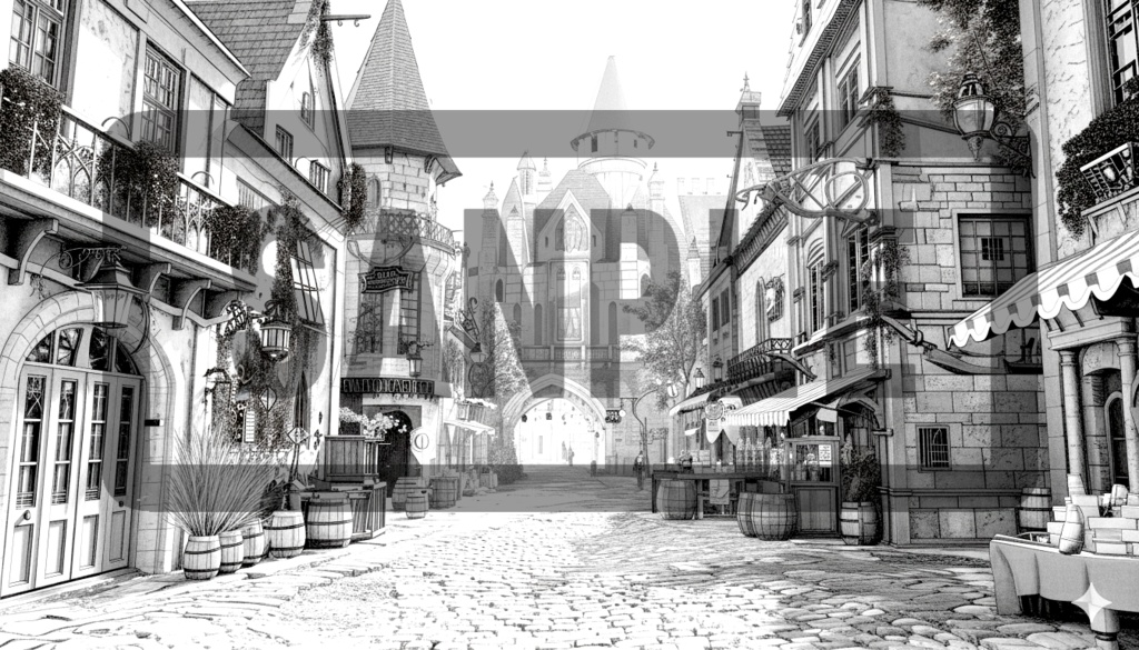 異世界街並み 背景線画(街道・中世風・漫画用)ver5