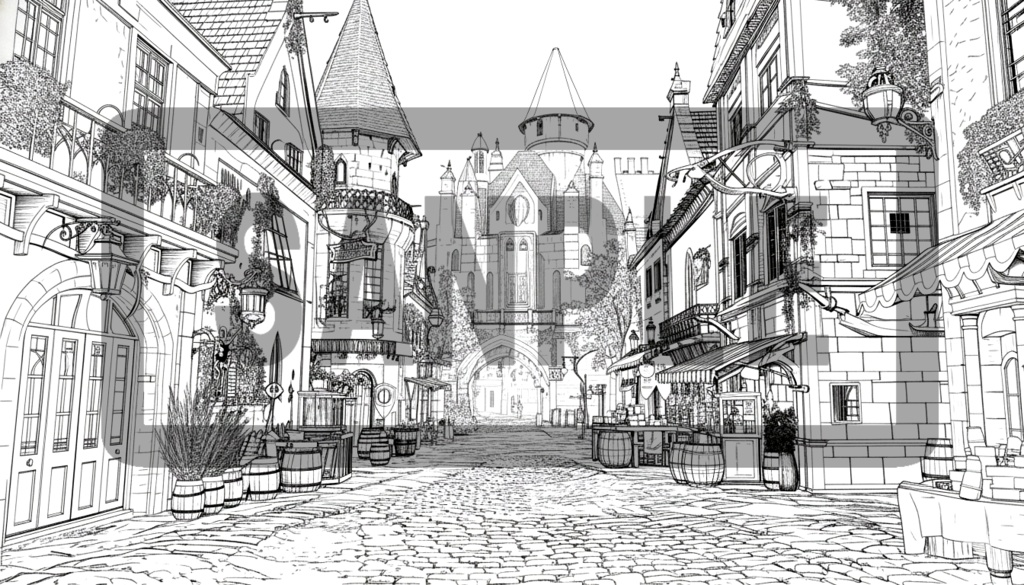 異世界街並み 背景線画(街道・中世風・漫画用)ver5