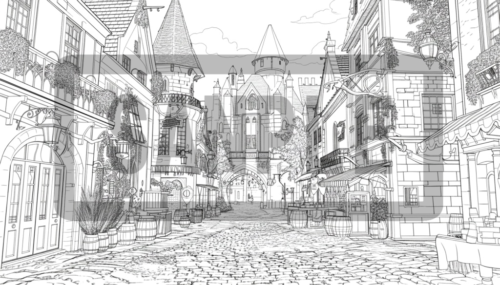 異世界街並み 背景線画(街道・中世風・漫画用)ver5