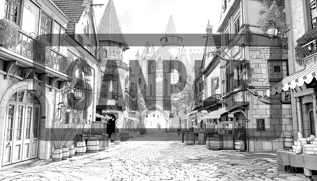 異世界街並み 背景線画(街道・中世風・漫画用)ver5