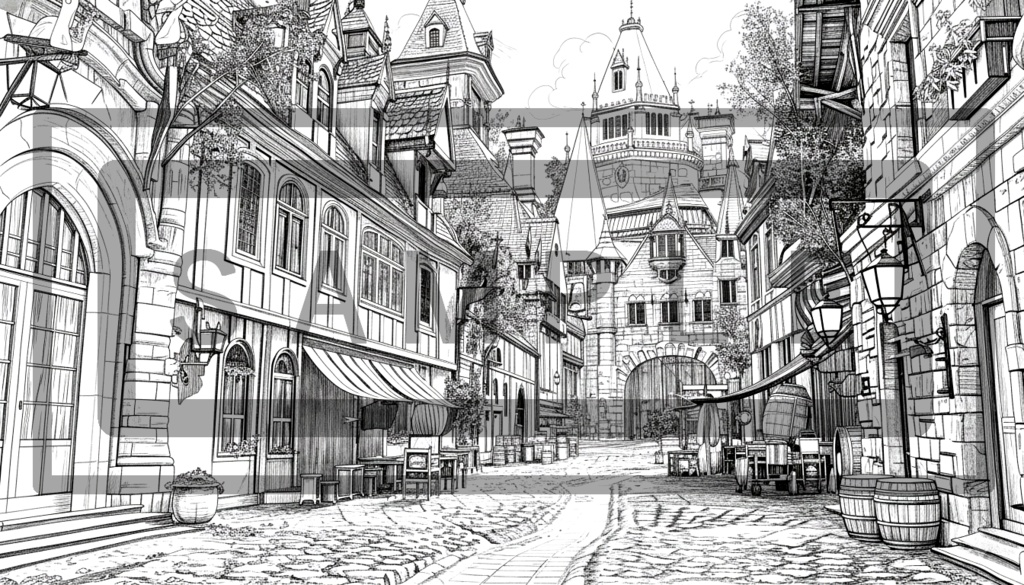 異世界街並み 背景線画(街道・中世風・漫画用)ver6