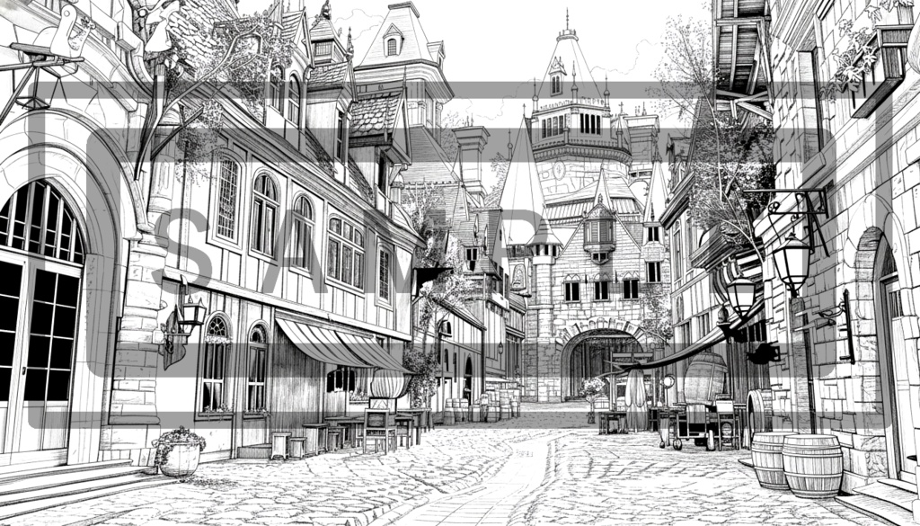 異世界街並み 背景線画(街道・中世風・漫画用)ver6