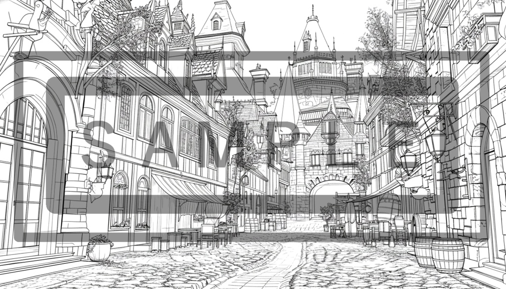 異世界街並み 背景線画(街道・中世風・漫画用)ver6