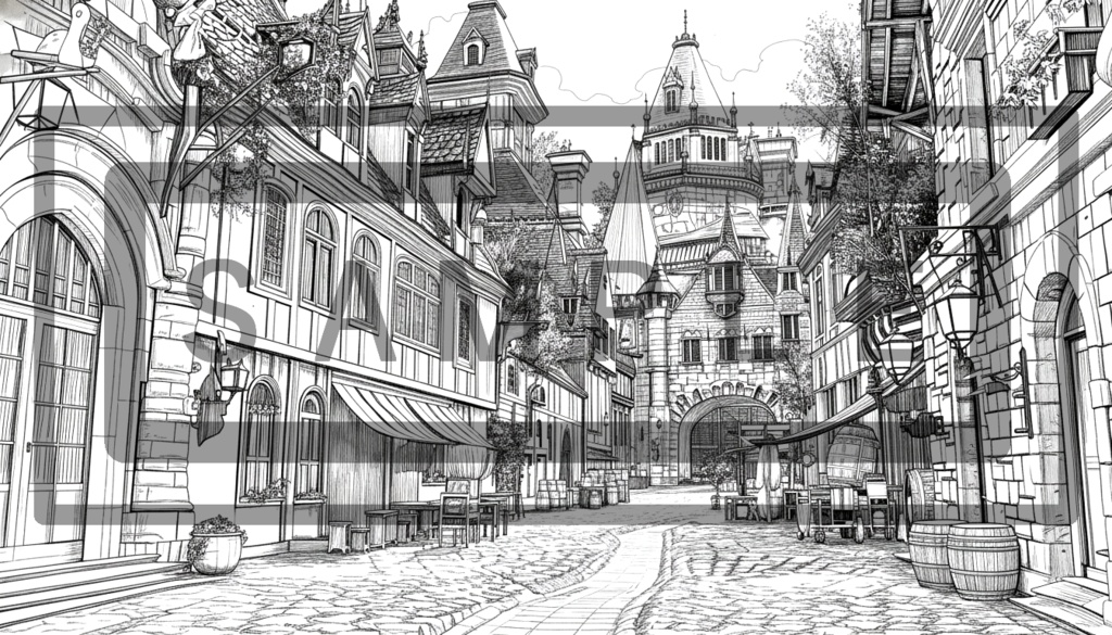 異世界街並み 背景線画(街道・中世風・漫画用)ver6