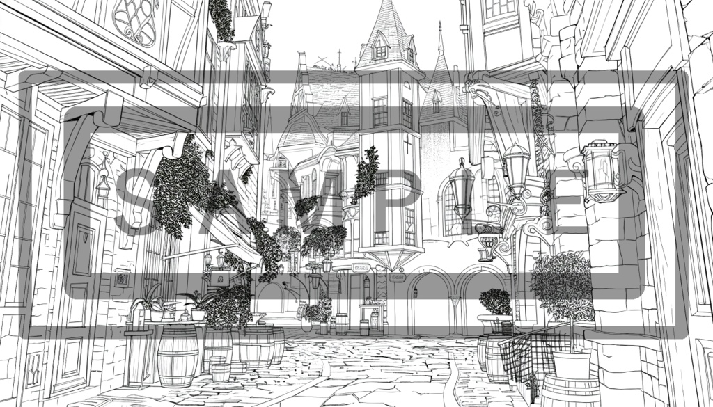 異世界街並み 背景線画(街道・中世風・漫画用)ver7
