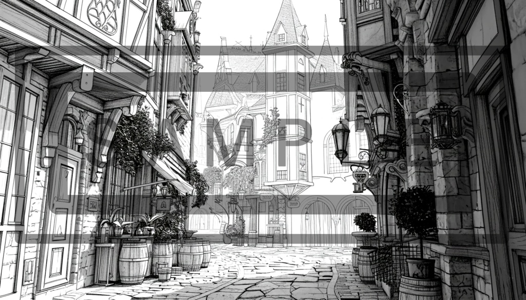 異世界街並み 背景線画(街道・中世風・漫画用)ver7