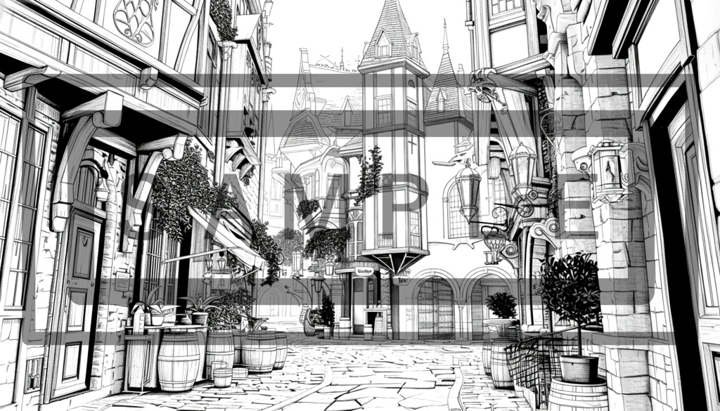 異世界街並み 背景線画(街道・中世風・漫画用)ver7