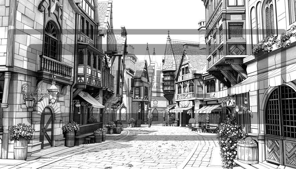 異世界街並み 背景線画(街道・中世風・漫画用)ver8