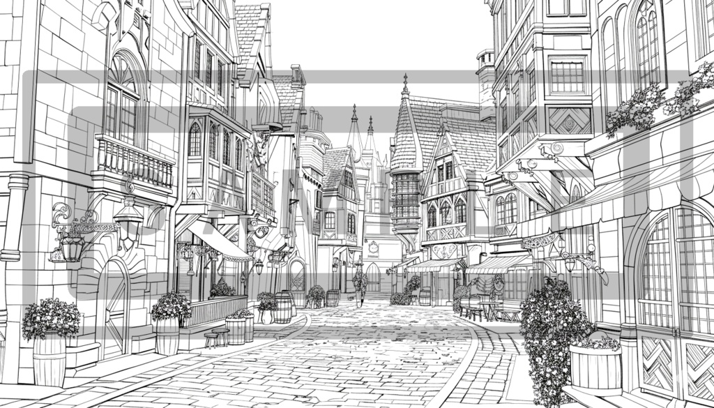 異世界街並み 背景線画(街道・中世風・漫画用)ver8