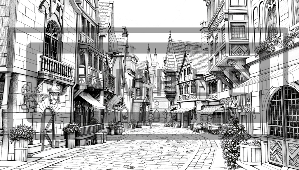 異世界街並み 背景線画(街道・中世風・漫画用)ver8