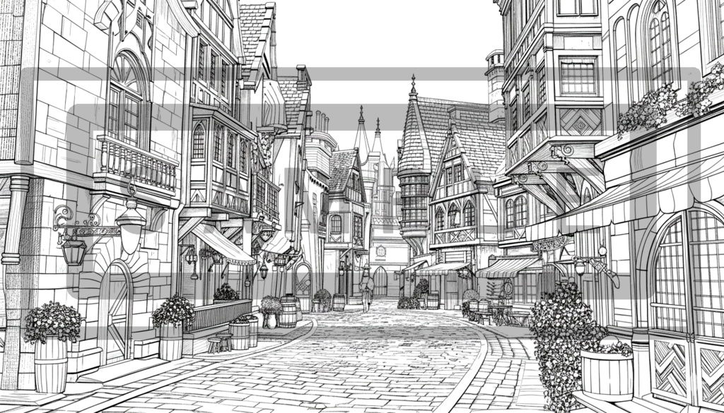 異世界街並み 背景線画(街道・中世風・漫画用)ver8