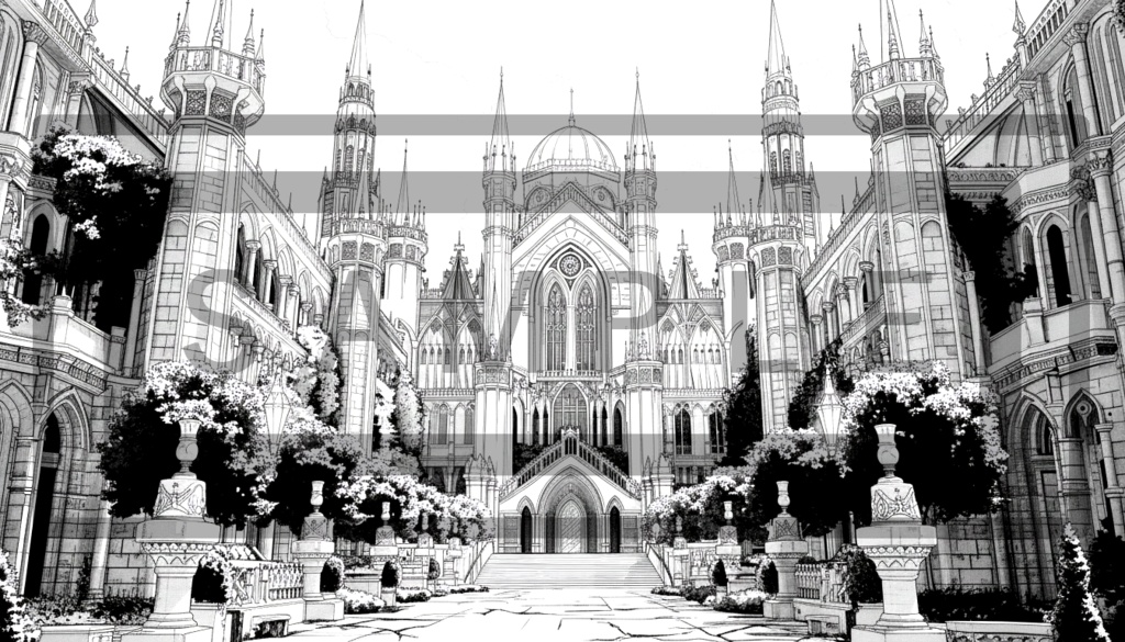 魔術学院・城館の背景線画素材ver3