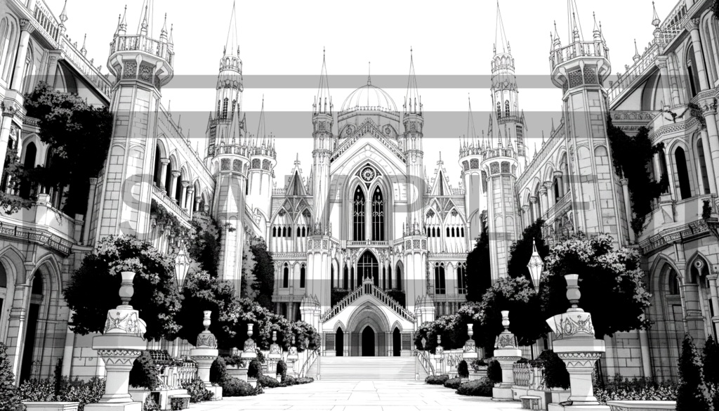 魔術学院・城館の背景線画素材ver3