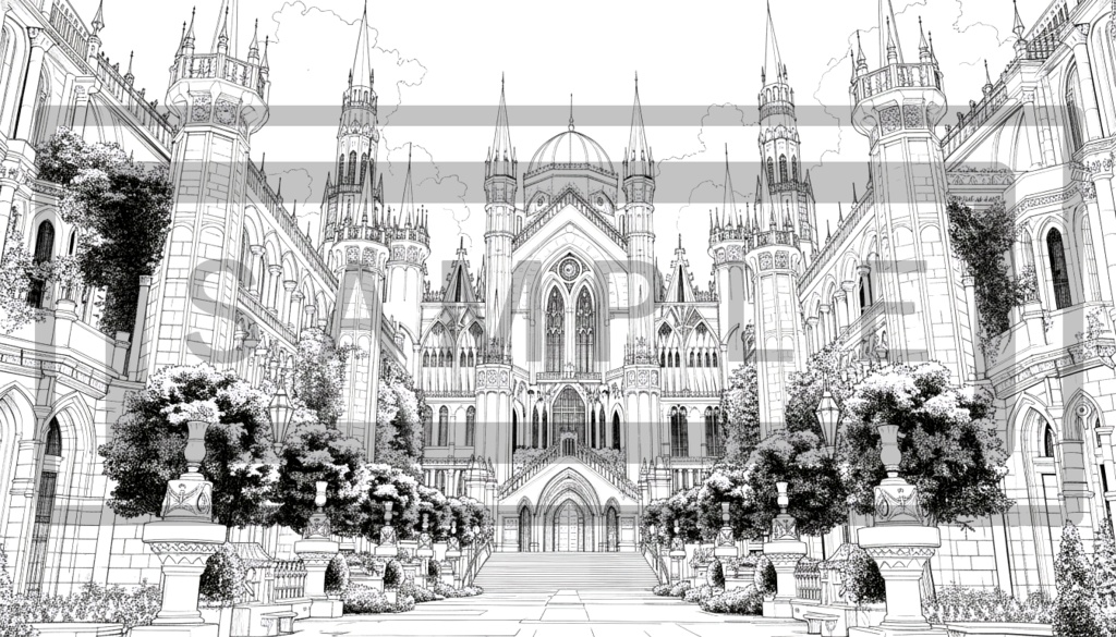 魔術学院・城館の背景線画素材ver3